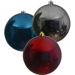 3x stuks grote kerstballen van 20 cm glans van kunststof zilver blauw en rood - Kerstbal