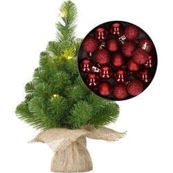 Mini kunst kerstboom - H45 cm - met leds en kerstballen - donkerrood - Kunstkerstboom