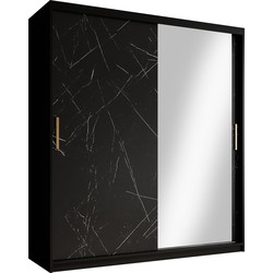 Meubella Kledingkast Marmer 3 - Zwart - 180 cm - Met spiegel