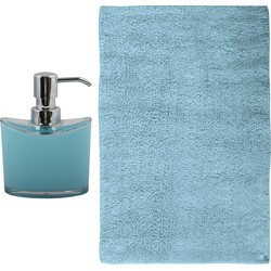 MSV badkamer droogloop mat/tapijt - Sienna - 40 x 60 cm - bijpassende kleur zeeppompje - lichtblauw - Badmatjes