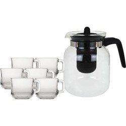 Glazen theepot met filter/infuser van 1,5 liter met 6x stuks theeglazen van 220 ml - Theepotten