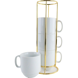 OTIX Koffiekopjes - Theeglazen - Met Oor - Set van 4 - Mokkenrek - Mokken - met Gouden Houder - 250ml - Porselein