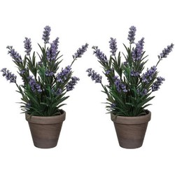 2x Groene Lavandula lavendel kunstplanten 33 cm met grijze pot - Kunstplanten