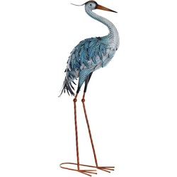 Items Tuin decoratie dieren/vogel beeld - Metaal - Reiger staand - 33 x 85 cm - buiten - blauw - Tuinbeelden
