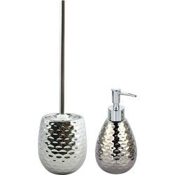 MSV Toiletborstel in houder 41 cm/zeeppompje set Phoenix - Polyresin/rvs - zilver - Badkameraccessoireset