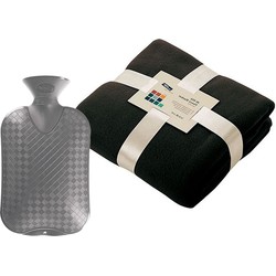 Fleece deken/plaid - zwart - 130 x 170 cm - kruik - 2 liter - Plaids