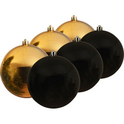 Kunststof kerstballen 6x stuks goud en zwart 14 cm - Kerstbal