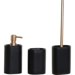 Toiletborstel met houder zwart/goud en zeeppompje/beker kunststof - Badkameraccessoireset