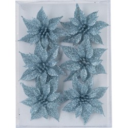6x stuks decoratie bloemen rozen ijsblauw glitter op ijzerdraad 8 cm - Kunstbloemen