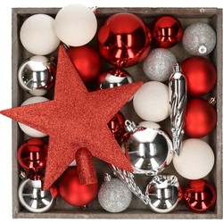 Kunststof kerstballen - 45x stuks - met ster piek - rood,wit,zilver - Kerstbal