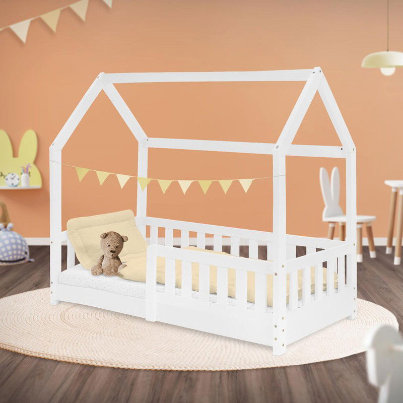 Kinderbed Huisbed 70x140 cm wit gemaakt van dennenhout met uitvalbeschermend dak en lattenbodem Houten bed ML design - 