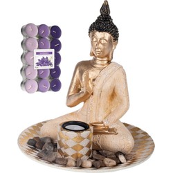 Boeddha beeld voor binnen 25 cm met 30x geurkaarsen lavendel - Beeldjes