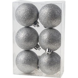 6x Kunststof kerstballen glitter zilver 6 cm kerstboom versiering/decoratie - Kerstbal