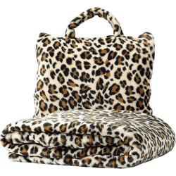 Textino TANJA - Plaid to Go - Deken & Kussentje in één - 130x150 cm - Pumice Stone - Leopard - ideaal voor onderweg - opvouwbaar tot handig tasje - Textino