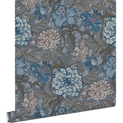 ESTAhome behang vintage bloemen vergrijsd blauw en warm grijs - 0.53 x 10.05 m - 139480