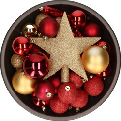 Set van 33x stuks kunststof kerstballen met ster piek rood/goud mix - Kerstbal