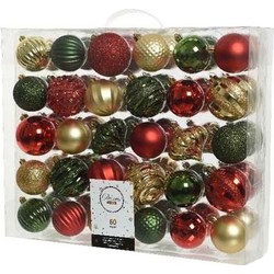 60x Kunststof kerstballen mix rood/goud/groen 6-7 cm kerstboom versiering/decoratie - Kerstbal
