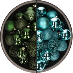 74x stuks kunststof kerstballen mix van turquoise blauw en donkergroen 6 cm - Kerstbal