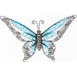 Anna's Collection Wanddecoratie vlinder - blauw - 36 x 21 cm - metaal - muurdecoratie/schutting - Tuinbeelden