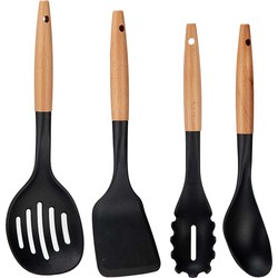 Kook/keuken gerei - set van 4x stuks - zwart/bruin - kunststof/hout - kook accessoires - Soeplepels