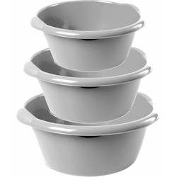 Combi set van 3x stuks ronde afwasteiltjes/afwasbakken in het zilver 6-10-15 liter - Afwasbak