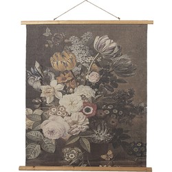 Clayre & Eef Wandkleed  80x100 cm Grijs Hout Textiel Rechthoek Bloemen Wanddoek