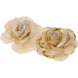 2x stuks decoratie bloemen rozen goud op clip 9 cm - Kersthangers
