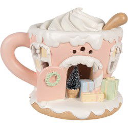 Clayre & Eef Decoratie Huis met LED Koffiepot 15 cm Roze Kunststof Gingerbread house