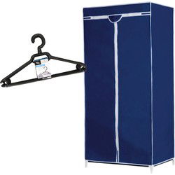 Set van mobiele opvouwbare kledingkast met blauwe hoes 160 cm en 10x plastic kledinghangers zwart - Campingkledingkasten