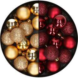 28x stuks kleine kunststof kerstballen bordeaux rood en goud 3 cm - Kerstbal
