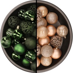 Kunststof kerstballen 74x stuks donkergroen en lichtbruin 6 cm - Kerstbal