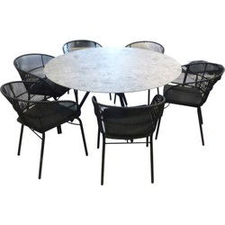 Tuinset Julia tafel lava, ceppo dia. 140 cm met 6 stoelen Kane stapelbare stoel lava inclusief Kane kussen sooty