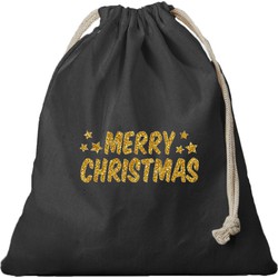 4x Kerst cadeauzak zwart Merry Christmas gouden glitters met koord voor als cadeauverpakking - cadeauverpakking kerst