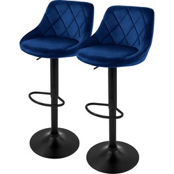 Barkruk set van 2 blauw fluwelen bekleding met rugleuning en voetensteun in hoogte verstelbaar 62-82cm ML-Design