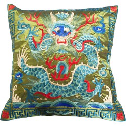 Fine Asianliving Kussenhoes Volledig Geborduurd Groen Draak 45x45cm