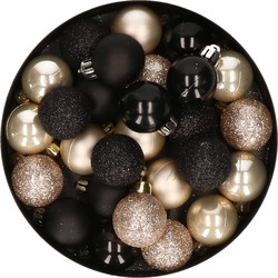 Kleine kerstballen - 28x st - zwart/champagne - D3 cm - kunststof - Kerstbal