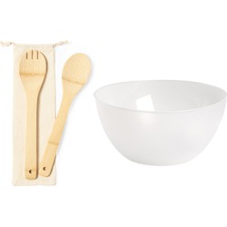 Plastic Forte Slakom/schaal met bamboe slacouvert - Kunststof - D25 cm - Saladeschalen