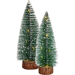 Kleine/mini decoratie kerstboompjes set van 2x st met licht 25-30 cm - Kerstdorpen