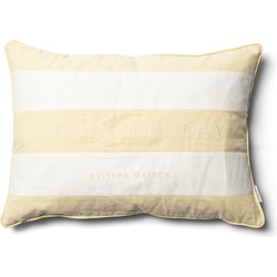 Riviera Maison Kussenhoes 65x45 Geel met witte horizontale streep met tekst - Relax All Day sierkussen rechthoek