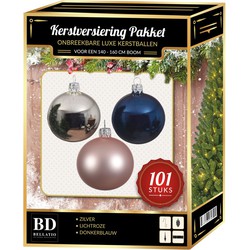 Zilver/lichtroze/donkerblauw Kerstversiering voor 150 cm boom 101-delig - Kerstbal