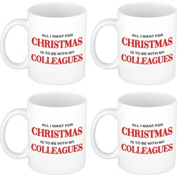 Set van 4x stuks kerst cadeau mokken All I want for Christmas is to be with my colleagues 300 ml - Bekers