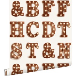 ESTAhome behang houten licht letters sepia bruin en lichtbeige - 0,53 x 10,05 m - 138850