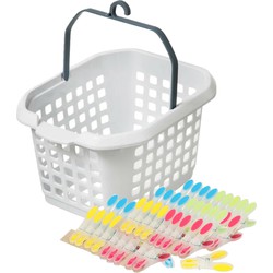 Wasknijpers ophang mandje/bakje - wit - met 60x plastic soft grip knijpers - knijperszakken