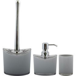 MSV Toiletborstel in houder/zeeppompje/beker - badkamer set Aveiro - kunststof - lichtgrijs - Badkameraccessoireset