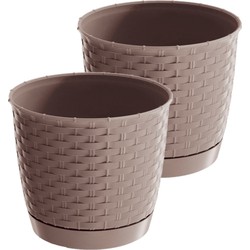 2x stuks ronde gevlochten plantenpotten/bloempotten kunststof dia 25 cm en hoogte 22 cm taupe - Plantenpotten