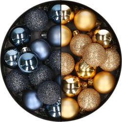 28x stuks kleine kunststof kerstballen nachtblauw en goud 3 cm - Kerstbal