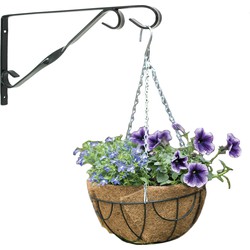 Hanging basket 30 cm met klassieke muurhaak donkergrijs en kokos inlegvel - metaal - hangmand set - Plantenbakken