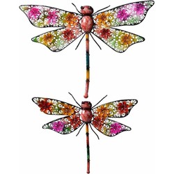 Set van 2 gekleurde metalen tuindecoratie libelle hangdecoratie 33 en 47 cm - Tuinbeelden
