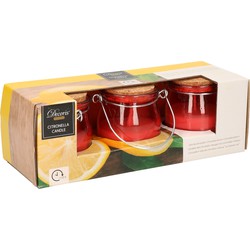 Citronella kaars - 3x - in rood glazen potje - 8 branduren - citrusgeur - geurkaarsen