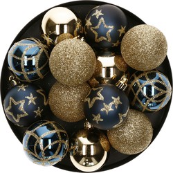 15x stuks kerstballen mix goud/blauw gedecoreerd kunststof 5 cm - Kerstbal